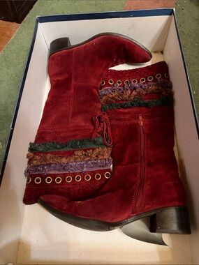 Apepazza Burgundy Suede Fringe Grommet Mid-Calf Boots
